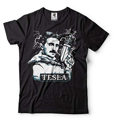 Silk Road Tees Nikola Tesla Camiseta de los Hombres de Tesla con el Arma eléctrico Camiseta Divertida Medium Negro