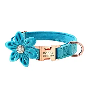 Beirui Soft Pleuche Fall Dog Collar with Removable Flower - Custom Dog Collar Personalized with Rose Gold Buckle - Cute Girl Dog Collars for Small Medium Large Dogs,Blue,M(Neck 10.5-17.5