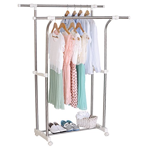 WOLTU SR0001 Kleiderständer Garderobenständer , 165x43x161cm , Teleskop Wäscheständer auf Rollen , mit 2 Stangen , ausziehbar , Creme Weiss - 2