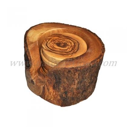 Set Rustikal Bierdeckel / Untersetzer aus olivenholz - in einer Halterung