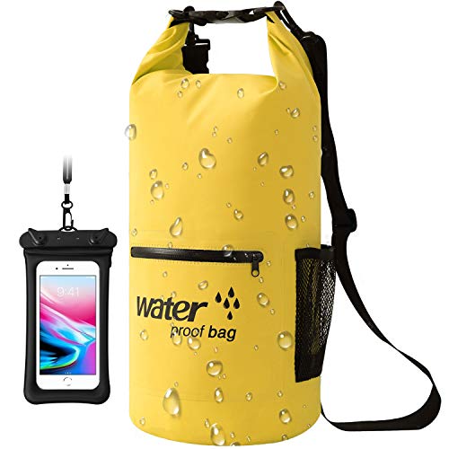 Acehmks Bolsa Estanca 10L/20L Impermeable Seca PVC, Bolsa Seca Impermeable + Funda Móvil Impermeable Flotante para Playa y Deportes al Aire