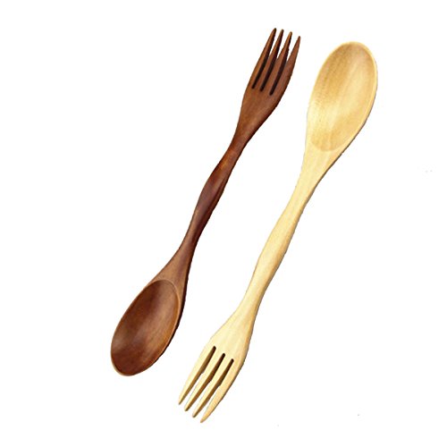 X cool 2 in 1 Natur Holz Löffel und Gabel 21cm für Reisen im Freien (2er Set) - 2