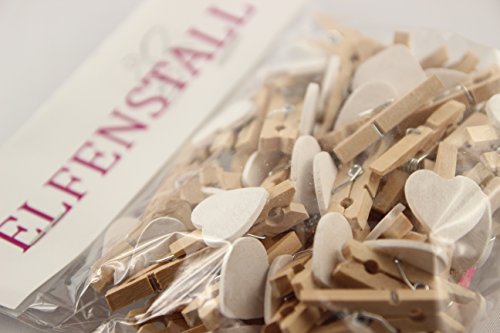Elfenstall Kleine Mini Holz Wäscheklammern / Holzklammern / Dekoklammern mit Herz für in verschiedenen Farben 50 Stück (Herz weiss) - 3