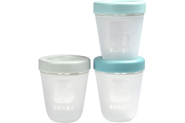 BÉABA - Set 3 pots de conservation lait maternel, Silicone, Empilables et emboitables, Conservation, Congélation, Décongélation, Passent au micro-onde, Graduées, 100% Hermétiques, 200ml, Motif Jungle