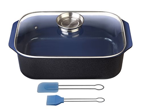 GSW 800419 Ceramica kobaltblau Induktion Rechteckbräter mit Aroma-Glasdeckel 40x26x11cm / circa 8,0 L inkl, Backpinsel-Set 2-teilig, Aluguss, schwarz/blau, 40 x 26 x 12,5 cm, 4 Einheiten