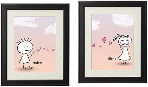 Art Print Set: Couple Throwing Kisses – Personalised Pictures With [Names] Of Your Choice – Artwork In Black Frame – Gifts For Couples – Presents For Girlfriend or Boyfriend – Size: small (9” x 12” / 23 x 30 cm)