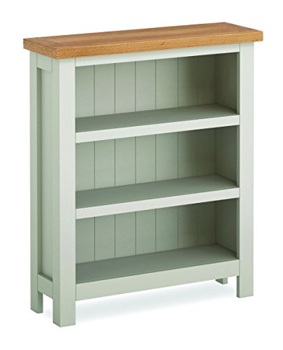 Oxford Grey Painted Oak Low Bookcase / Small Wide Shelving Unit with Oak Tops / Cotton Coloured Lacquered Finish