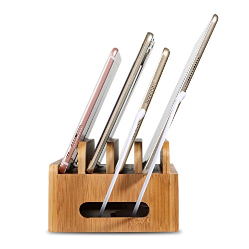 Upow Estaci  n de Carga de Bamb   natural para Multi-dispositivo con 4 Cuadros Organizador de Escritorio Soporte de Carga para Iphones Samsungs Tabletas Ipads 