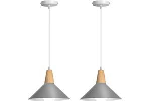 LIGKIN 2 Piezas Lámpara Colgante Industrial Moderna Ø25cm Pantalla Metal Madera Lámpara de Techo Retro E27 Iluminación para Cocina Comedor Cafetería (Gris)