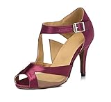  URVIP Neuheiten Frauen\'s Satin High-Heels Ballsaal Absatzschuhe Moderne Latein-Schuhe mit Knöchelriemen Tanzschuhe LD006 Fuchsie 40 CN