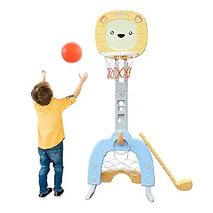 KIDS WONDER 4 in 1 Basketball Hoop for Kids Football & Golf & Ring Toss Game Sets Adjustable Height Toy Sports Activity Center for Indoor Outdoor Perfect Gift for Toddler (Yellow Lion)