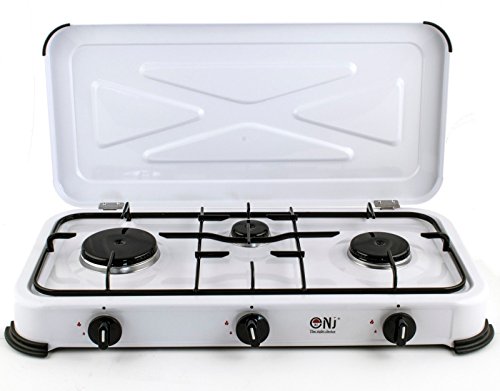 Campingkocher 3 flammig Gaskocher Gasgrill 4,8 KW mit Deckel Gasherd Kochfeld + Grillplatte + Phönix Gasherdkreuz + Gasschlauch-Regler Set - 2
