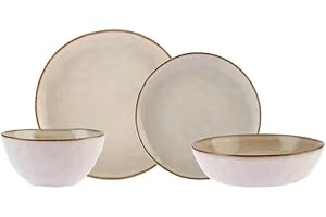 Karaca Aria 24-Piece Stoneware Dinner Set, Plates and Bowls Set for 6 People, Reactive Glaze Dinnerware with Side & Dinner Plates, Pasta/Cereal/Soup Bowls (Beige)