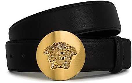 Letter Medusa Head Buckle Leather Belt for Man (Gold-Black, 47inch)