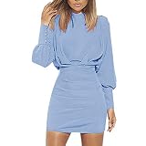 iHENGH Damen Frühling Sommer Rock Bequem Lässig Mode Kleider Frauen Röcke Frauen Sexy O-Neck Langarm Reine Farbe Backless Gesäß Kleid(Blau, 2XL)