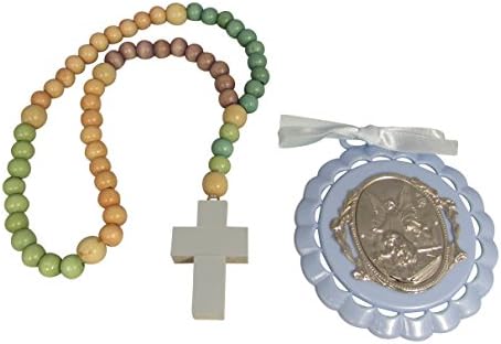 Non Toxic Wooden Kiddie Rosary with 5 Different Colors 21-inch Boxed with Crib Medal, Nice Baby Christening or Nursery Gift (Boys/Blue)