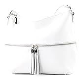 hinter dem auffälligen Doppelzipper-Reißverschluss, der mittels Lederquasten-Anhänger als Blickfang dient, verbirgt sich ein praktisches Außenfach | alle Fächer sind für Ihr Smartphone geeignet | silberfarbene Metallteile | verstärkter Boden | textiles Innenmaterial | verstellbarer Schultergurt