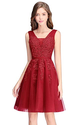 Robe de Gala Courte Chic Appliques Elégante sans Manche Dos Nu Florale Ajourée Swing Rockabilly Dentelle Rouge 32