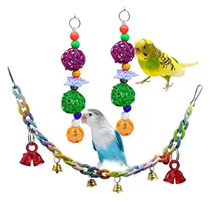 Jainsons Pet Products Bird Toys Parrot Swing Toy with Colorful Bell and Bird Cage Hanging 2 Chew Toys for Small Parakeets Cockatiels, Conures, Macaws, Lovebirds, Finches Set of 3 pcs