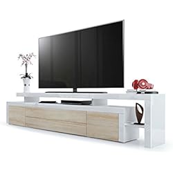 Meuble TV Bas Leon V3, Corps en Blanc Haute Brillance/Façades en Chêne Brut avec Une bodure en Blanc Haute Brillance