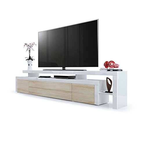 Meuble TV Bas Leon V3, Corps en Blanc Haute Brillance/Façades en Chêne Brut avec Une bodure en Blanc Haute Brillance