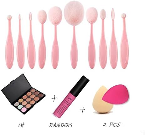 TimeSong New 2016 New Professional 10pcs/set Black Tooth Brush Shape Oval Makeup Foundation Powder Brush Eyeliner Lip Oval Brush Set+15 Colors Concealer Palette+2 PCS Sponge Puffs