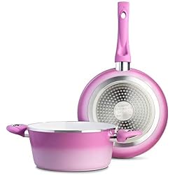 étoile de chef de qualité professionnelle en aluminium anti-adhésif Lot de casseroles et poêles - Compatible plaques à induction batterie de cuisine - Rouge/crème rose