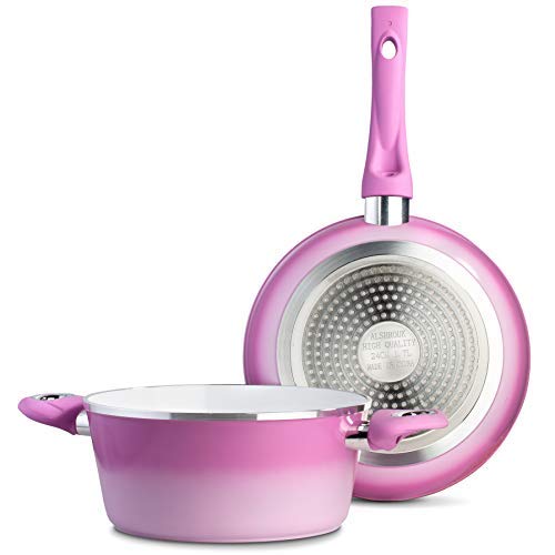 étoile de chef de qualité professionnelle en aluminium anti-adhésif Lot de casseroles et poêles - Compatible plaques à induction batterie de cuisine - Rouge/crème rose