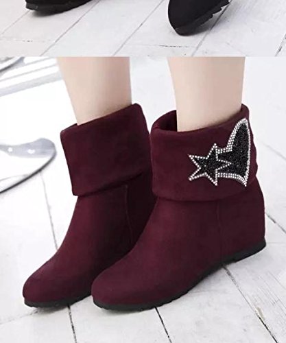FAN4ZAME Stretch Boots Short Sleeve Boots Winter And Winter Boots Bow Tie Diamond Winter Flat With Big Martin Boots G-37 Red Wine
