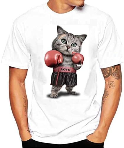 Bestoppen Men's T Shirt White,Summer Short Sleeve Round Neck Tops Fashion Cartoon Cat Print Tees Shirts Casual Regular Fit Cotton Plus Size Shirt Tops Blouse for Men (4XL, White)