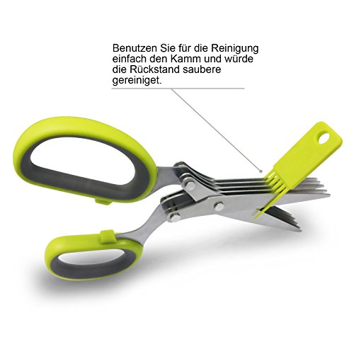 Lavievert Edelstahl muntifunktionale Kräuterschere Fünfklingenschere Küchenschere ,begleitet durch den Reinigungskamm(Grün) - 6