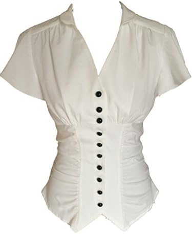 Ivory White Vintage 40s Retro Steampunk Gothic Victorian Button Gathered Blouse Top (12)
