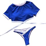 JMETRIC Sportliche Badebekleidung der Frauen Einteiliger Einfarbiger Einfacher Bikini(Blau,L)