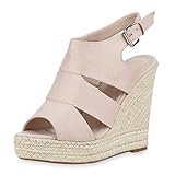  SCARPE VITA Damen Plateau Sandaletten High Heels Keilabsatz Schuhe Cut Out Sommerschuhe Wildleder-Optik Bast 182313 Nude Cut-Outs 40
