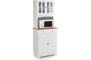 GiantexUK Tall Kitchen Cupboard, Freestanding Storage Cabinet with Rubber Wood Countertop, Adjustable Shelves & Drawers, 4-Door Pantry Cabinet for Home Kitchen Dining Living Room, White (White)