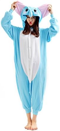 DarkCom Women's Adult Kigurumi Pyjamas Unisex Anime Onesies Jumpsuits Warm Nightwear Blue Elephant Large