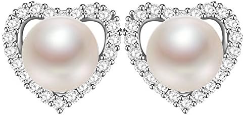 Dawanza - Mother's Day Gifts Heart Earrings for Women - 925 Sterling Silver Round White Freshwater Cultured Pearl - Fashionable Jewelry