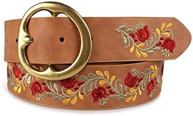 KKYLOVEJ Women Elegant Flowers Embroidery Belt Brown PU Leather Alloy Needle Buckle Jeans Accessories Belt Suitable for Four Seasons