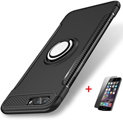 iPhone 8 Plus case, iPhone 7 plus case, Hard PC + Carbon Fiber Hybrid Back Cover Skin For apple iPhone 8 plus iphone 7plus, with Ring Holder, and HD Tempered Glass Screen Protector(black for iphone 7/8 plus)
