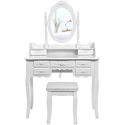 SONGMICS Grande Coiffeuse, Table de Maquillage, avec 1 Miroir pivotant à 360°, 7 Tiroirs et 1 Tabouret, Blanc RDT10W