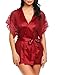 Produktbild Frauen Sexy Satin Morgenmantel Damen Kurz Nachtwäsche Pyjama Bademantel Hohle Spitze V-Ausschnitt Kimono Schlafanzug, Dunkelrot, Gr. S