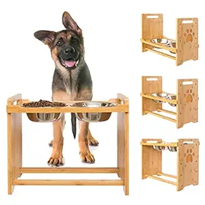 PUPTECK Raised Pet Bowls for Cats and Dogs Adjustable Bamboo Elevated Feeder Stand with 2 Stainless Steel Bowls