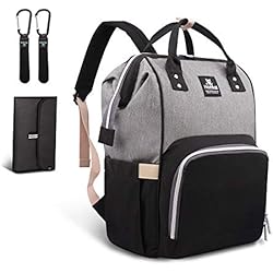 Hafmall Mochilas para Pañales de Viaje Impermeable para Bebés, Elegante Bolsos para Pañales de Gran Capacidad con Cambiador y Ganchos Carrito Bebé (Negro+Gris)