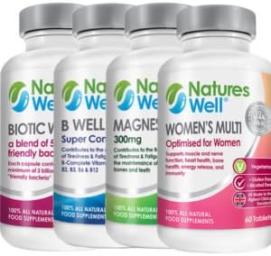 Women's Health Bundle, 100% Halal Certified &amp; Kosher, Potent &amp; Premium Quality Supplements, Women's Multi, (B Well) B Complete Vitamins, Biotic Well (ProBiotic), Magnesium 300mg all 60 Supply, Optimised Vegetarian Supplements by Natures Well