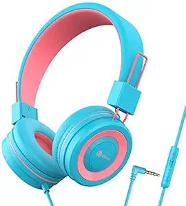 Headphones for Girls, iClever Kids Headphones with Mic, 94dB Volume Limited, Adjustable Headband, Foldable, Wired Child Headset for Online Class Tablet, Blue&Pink