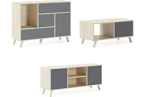 Skraut Home - Set Madia+Mobile TV+Tavolino da Salotto - Modello Wind - Set Sala da Pranzo - Struttura Resistente - Montaggio Facile - Finitura Puccini/Grigio