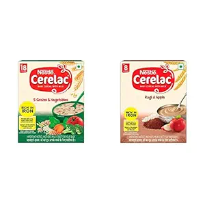 Nestle CERELAC Baby Cereal with Milk, 5 Grains & Vegetables ? from 18 to 24 Month, Bib Pack, 300 g & Nestl? CERELAC Baby Cereal with Milk, Ragi Apple ? From 8 Months, 300g BIB Pack