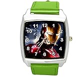 Taport® Iron Man Quarz-Armbanduhr, quadratisch, SCI FI, echtes Lederband, inklusive Ersatzakku und Geschenkbeutel, Grün