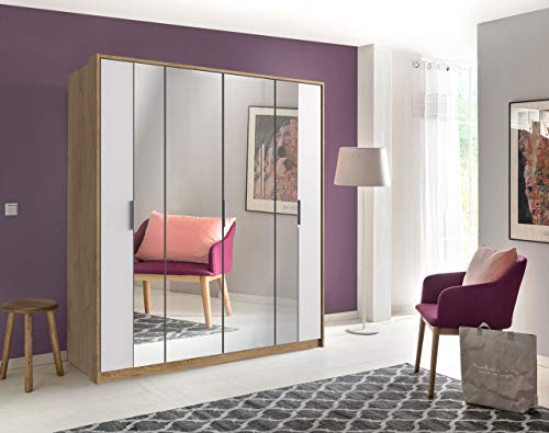 lifestyle4living Kleiderschrank in Plankeneiche-Nachbildung | Drehtürenschrank mit Absetzungen in weiß, 4-türig, Falttürenschrank mit Spiegeltür ca. 183 cm