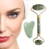 Jade Roller for Face, Anti Aging Roller Facial Massager, 100% Natural, Puffiness Facial Skin Massager with Gua Sha for Neck Skin,Cheeks Slimmer,Skin Tightening, Facial Combination Eye Treatments
